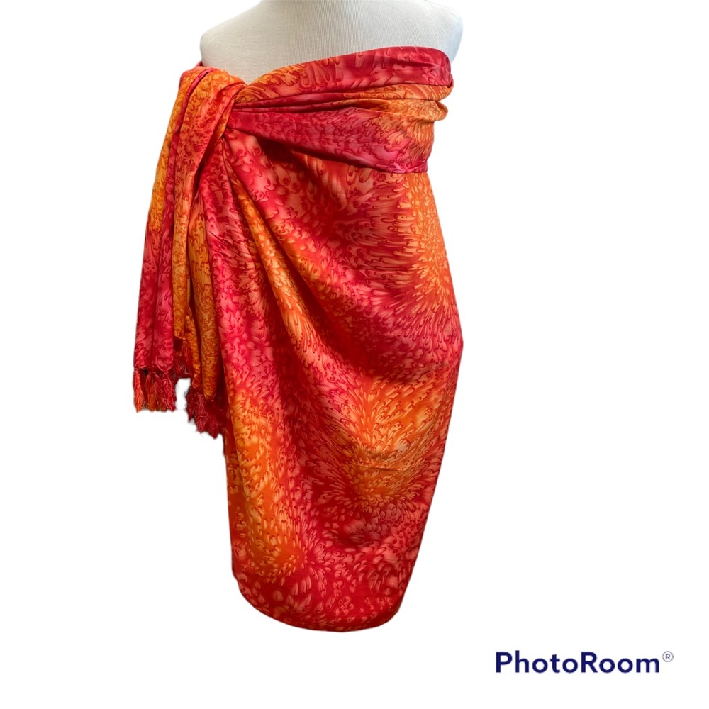 Rima Sarong Tie Dye Reds Orange Sunset Tassels Swim Wrap Scarf Splash Print Boho